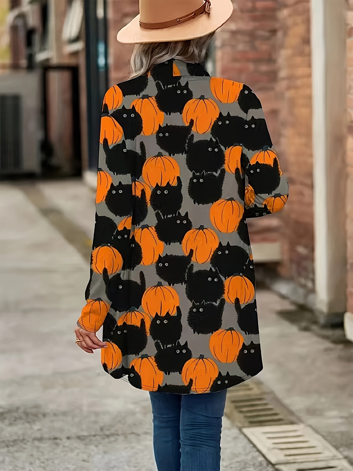 Cat & Pumpkin Print Long Sleeve Cardigan