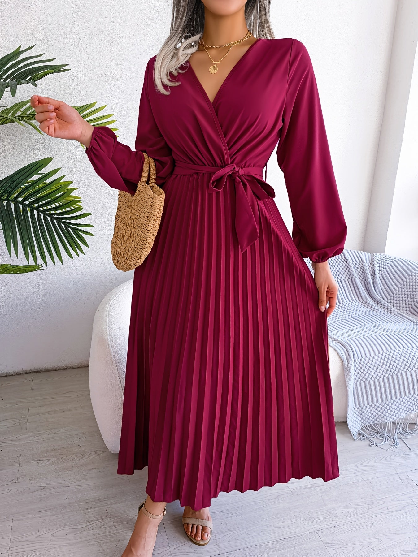 Maxi Bridesmaid Dress V Neck Lantern Sleeve Solid Dress