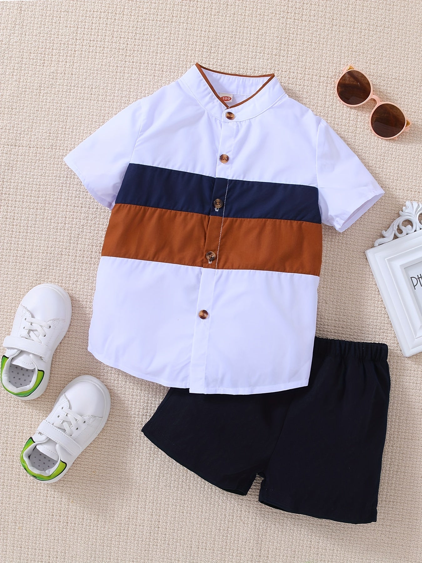 Boys Block Outfit Short Sleeves Stand Collar Shirt & Shorts Set