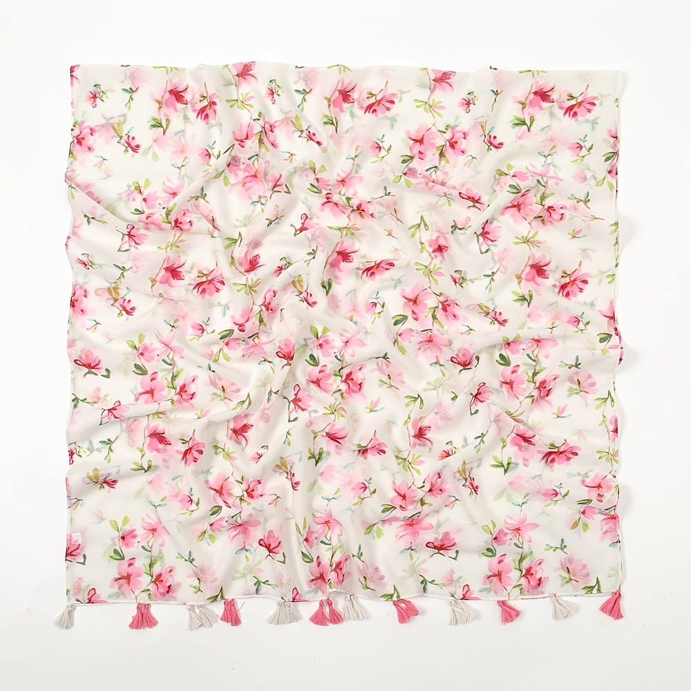 Floral Chiffon Printed Scarf Silk Bandana Tassel Shawl