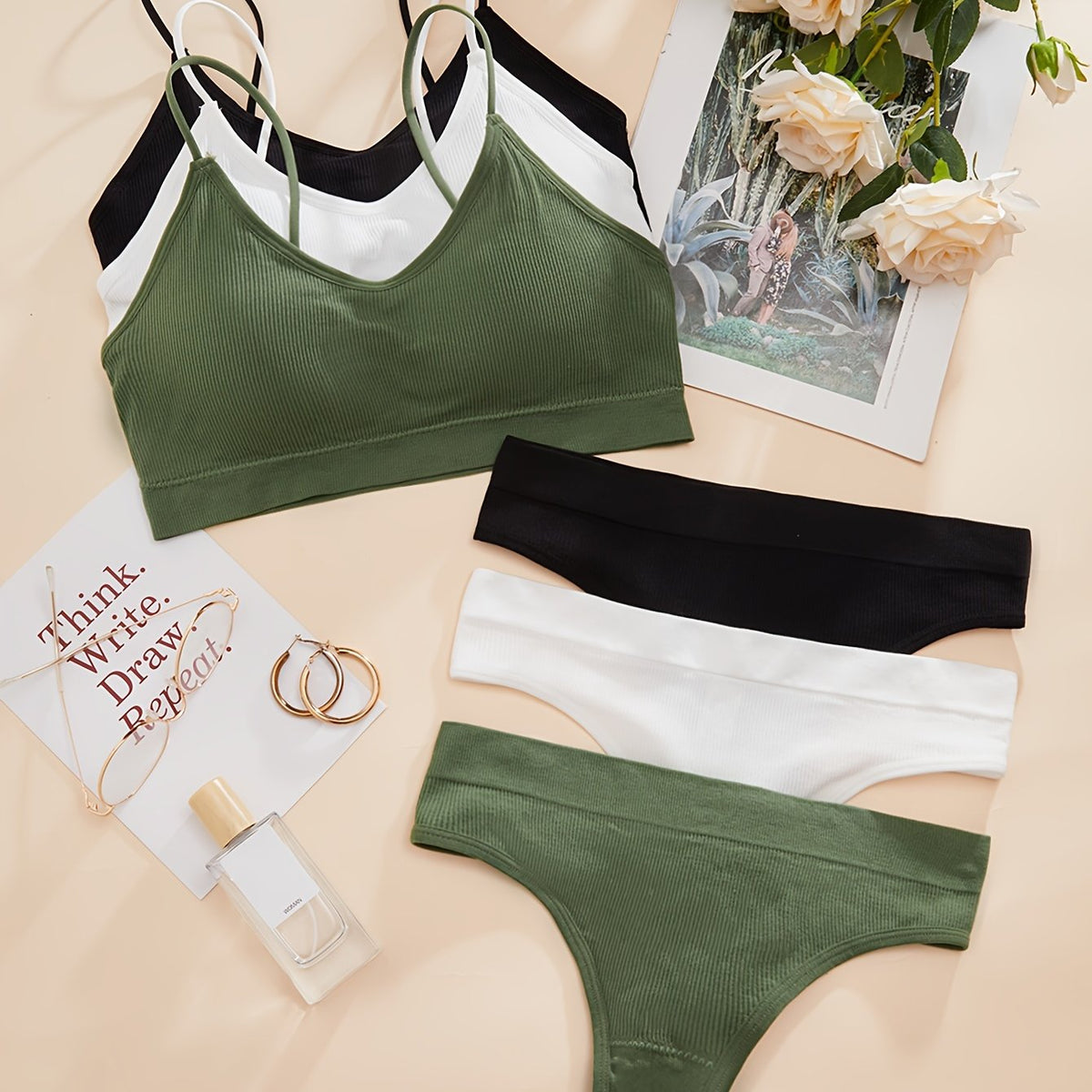3 Sets Soft Wireless Bra & Thong Lingerie Women's Underwear
