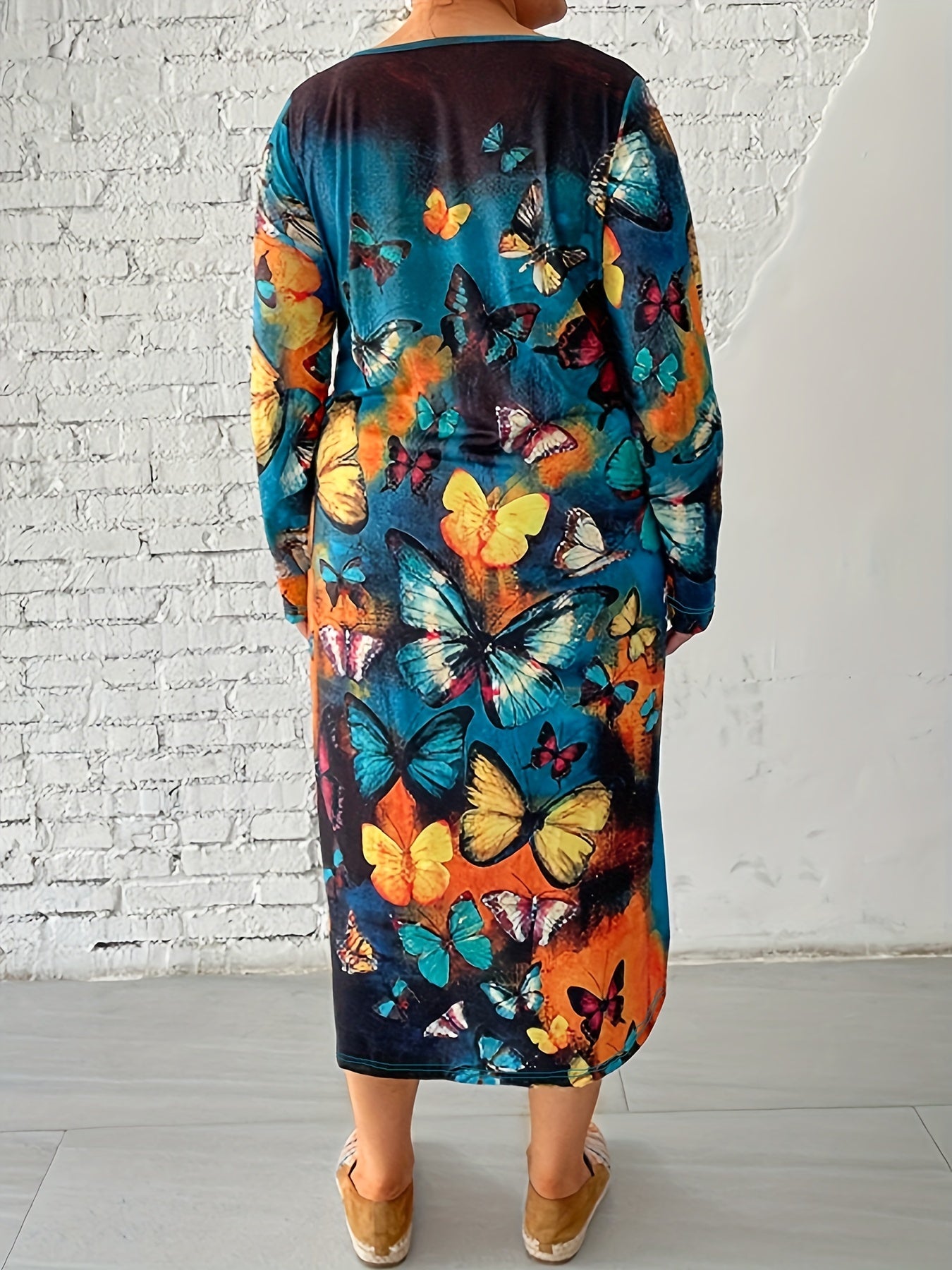  Tie Dye & Butterfly Print Long Sleeve Casual Dress