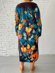  Tie Dye & Butterfly Print Long Sleeve Casual Dress