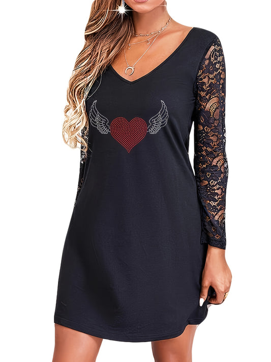  Rhinestone Heart & Wing Print Lace Sleeve V Neck Dress