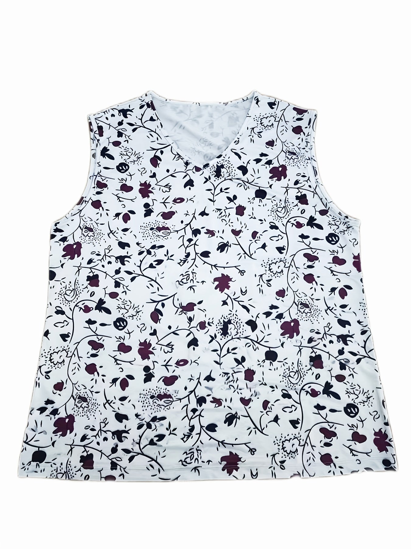 Floral Print V Neck Tank Top Medium Stretch Plus Size Casual