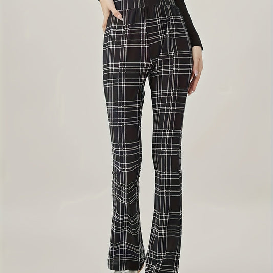  Plaid Print High Rise Fitness Flared Leg Trousers