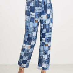  Colorblock Denim Print Stretch Trousers