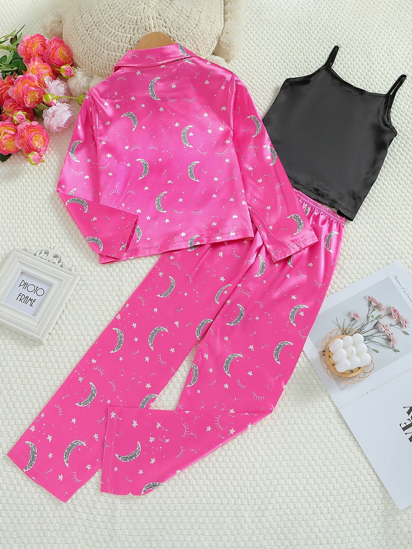 3pc Moon Pattern Satin Pajamas Set Comfy Lounge Wear