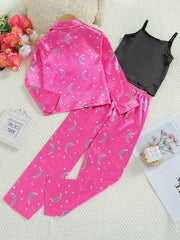 3pc Moon Pattern Satin Pajamas Set Comfy Lounge Wear