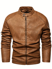 PU Biker Jacket Men's Casual Zip Up Stand Collar Faux Leather Jacket