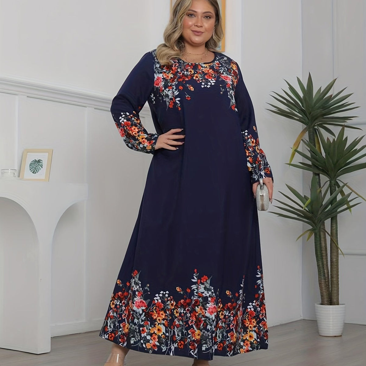  Floral Print Long Sleeve Maxi Dress