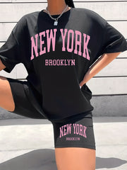 York Print 2pcs Set Short Sleeve T Shirt & Biker Shorts Summer Casual Two Piece