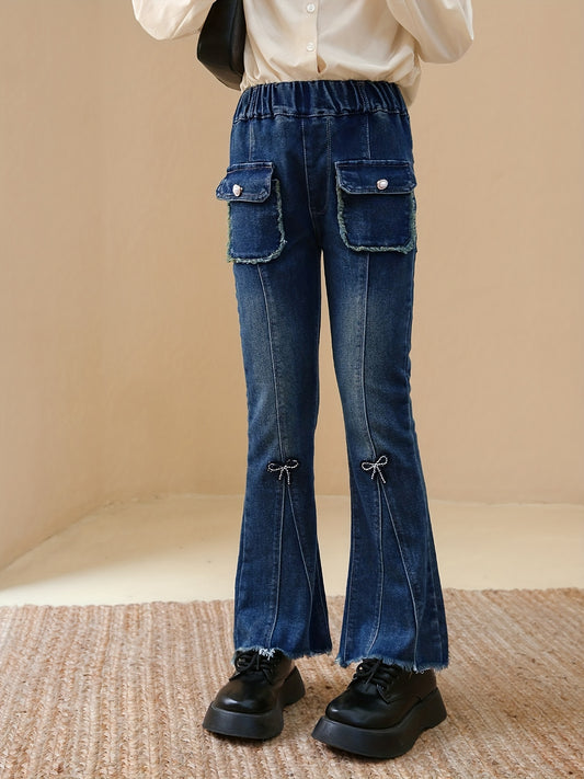 Girl's Flared Jeans with Bowknot - Youth Casual Clothing