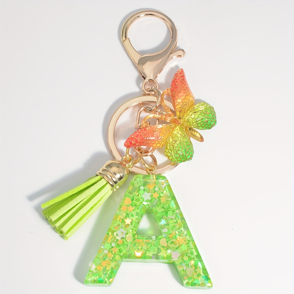 Resin Initial Letter Keychain with Butterfly Sequin Tassel Pendant