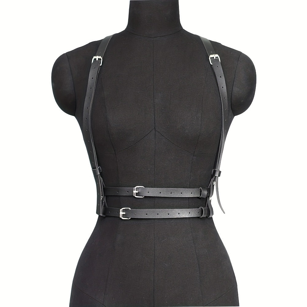 Punk PU Leather Harness Belt Double Layer Pin Buckle Waistband Corset Suspenders