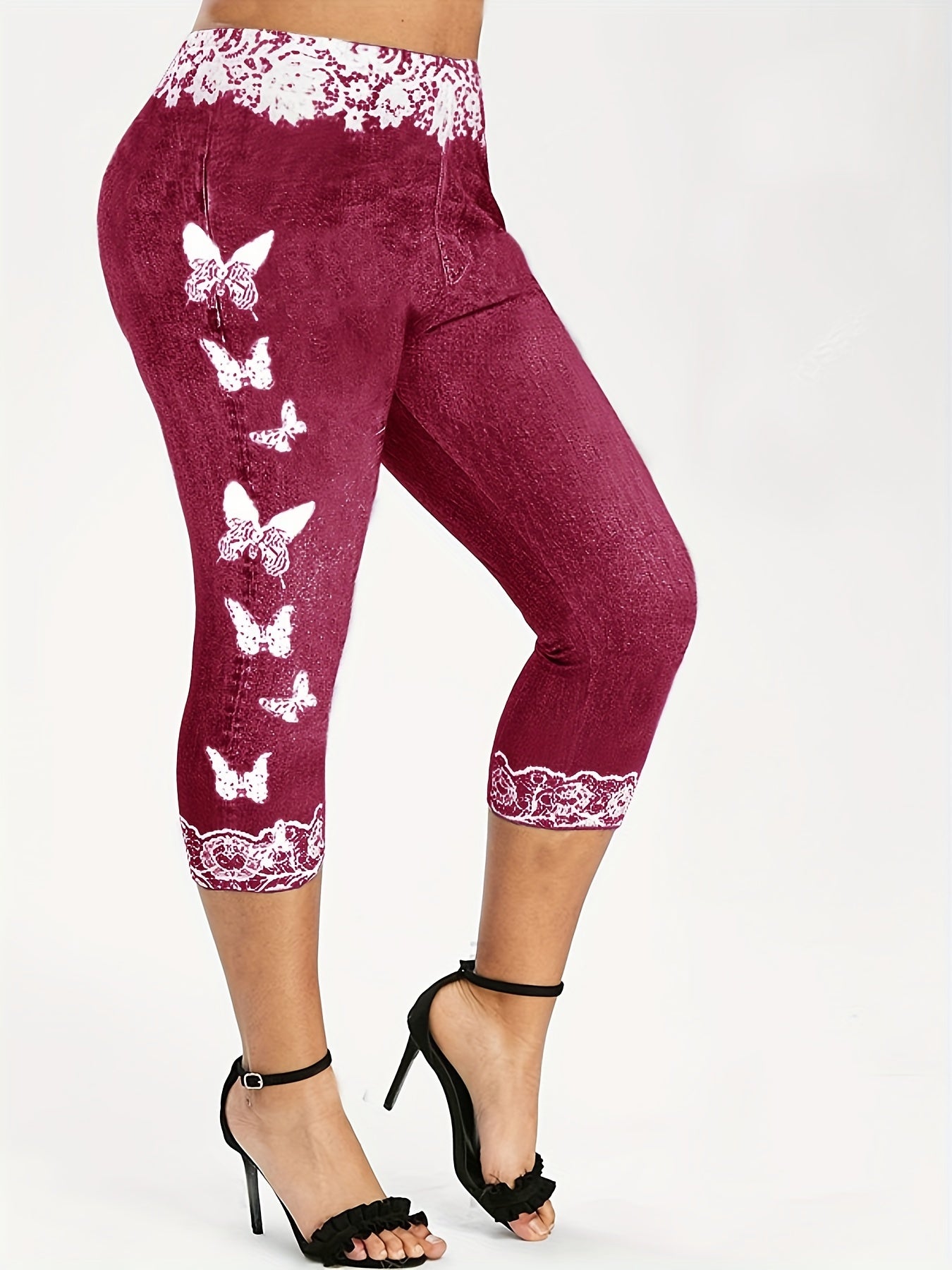 Butterfly & Denim Print Skinny Leggings High Waist Yoga Leggings