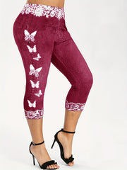Butterfly & Denim Print Skinny Leggings High Waist Yoga Leggings