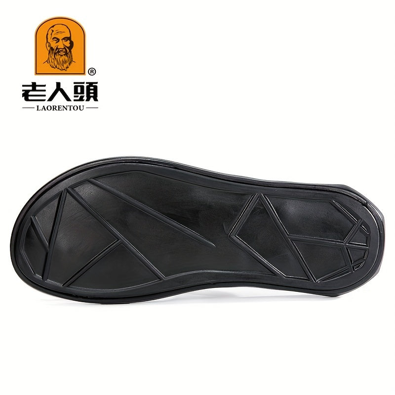 LAORENTOU Men's Leather Flip Flops with Arch Support Casual Floral Thong