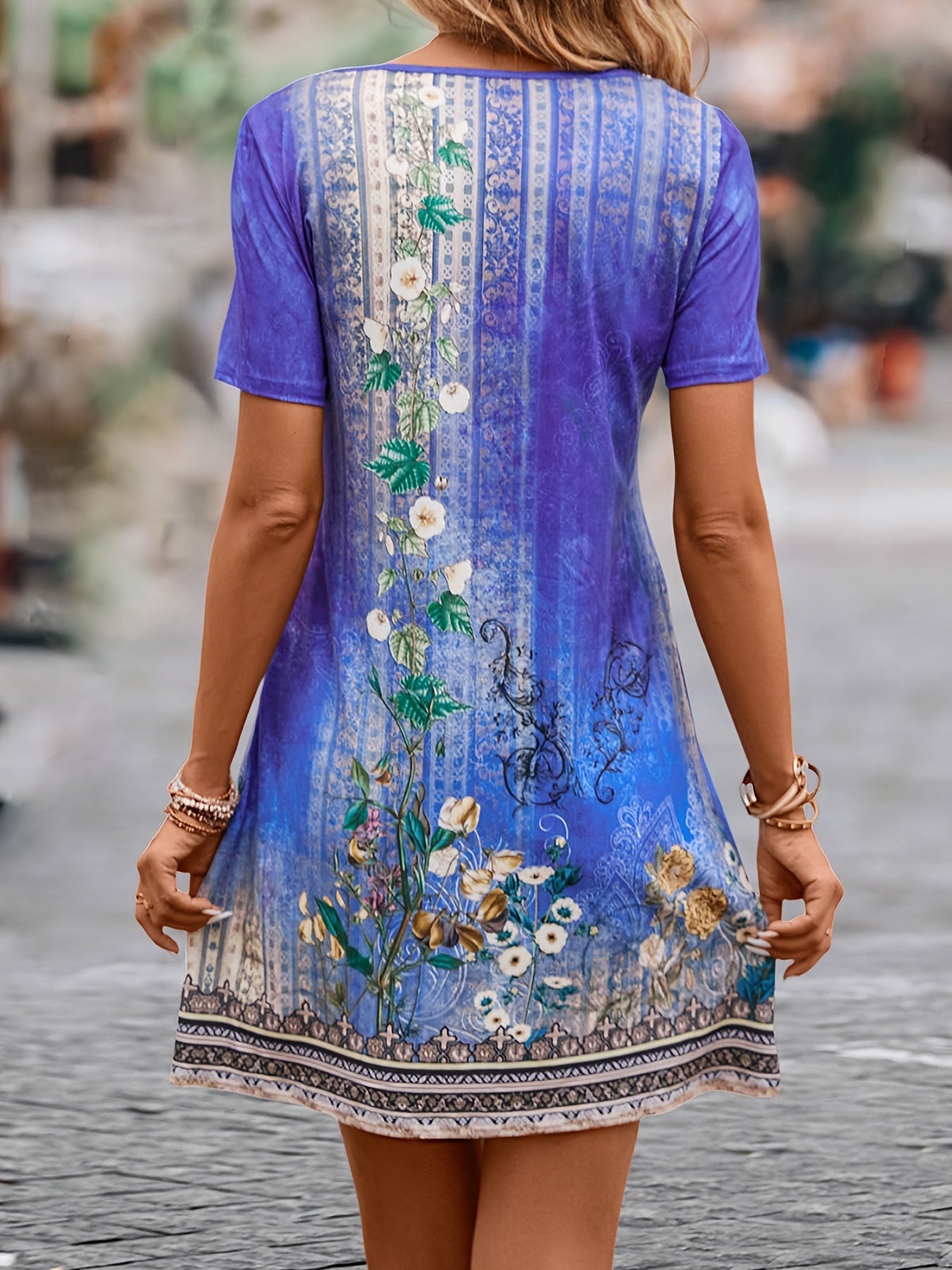 Floral Print V Neck Plus Size Mini Dress