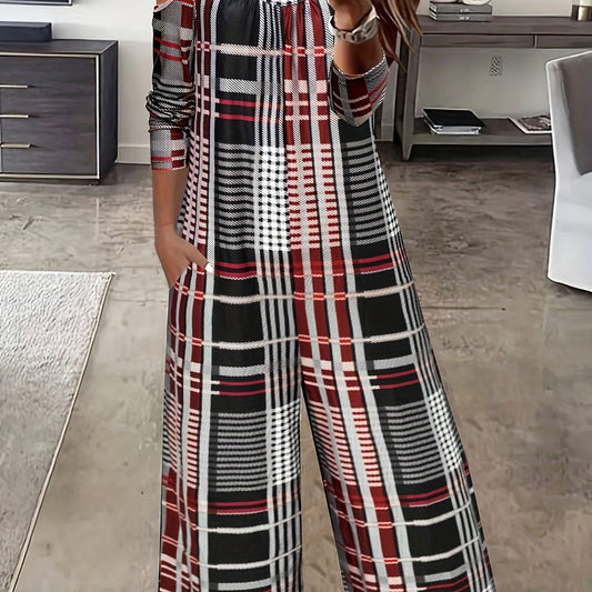  Plaid Print Cold Shoulder Jumpsuit