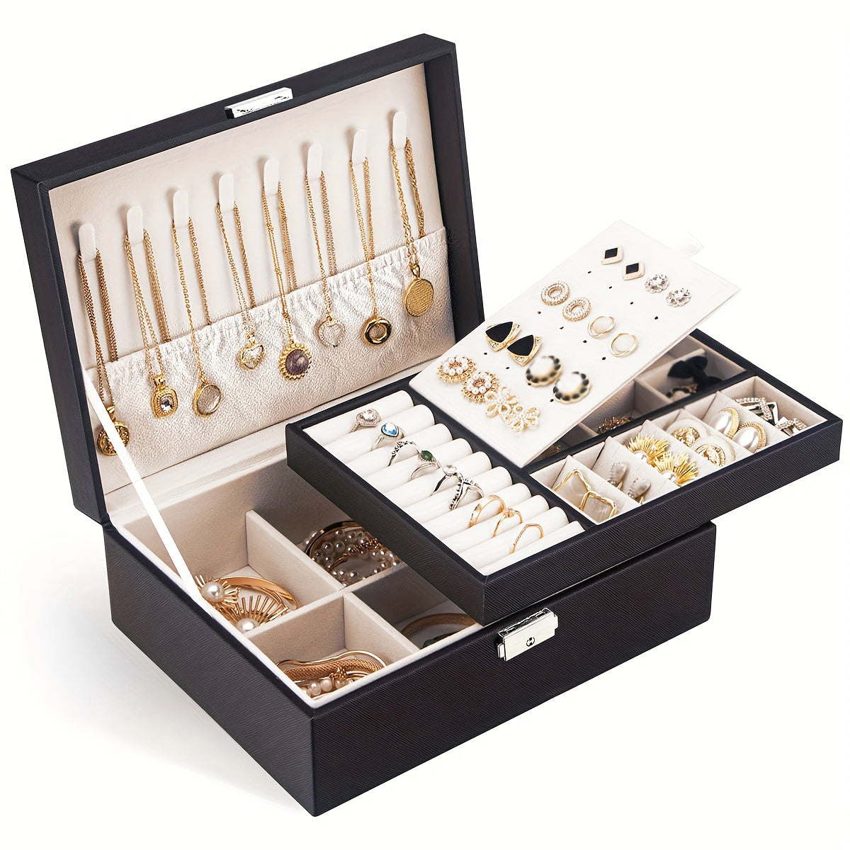 Large Jewelry Storage Box with Lock, Two Layers Display for Necklaces