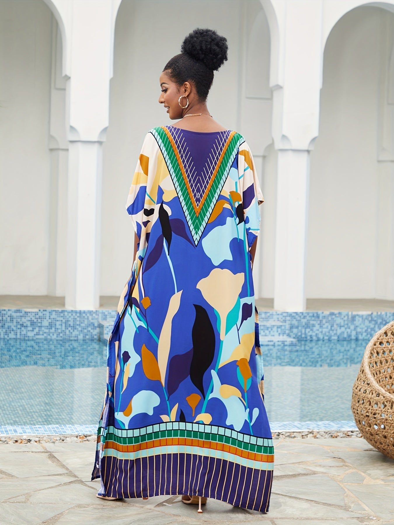  Boho Cover Up Women's Plus Abstract Print Bat Sleeve V Neck Loose Maxi