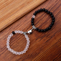 Crackle Beaded Bracelet Set Magnetic Heart Pendant Matte Beaded Couples Bracelet