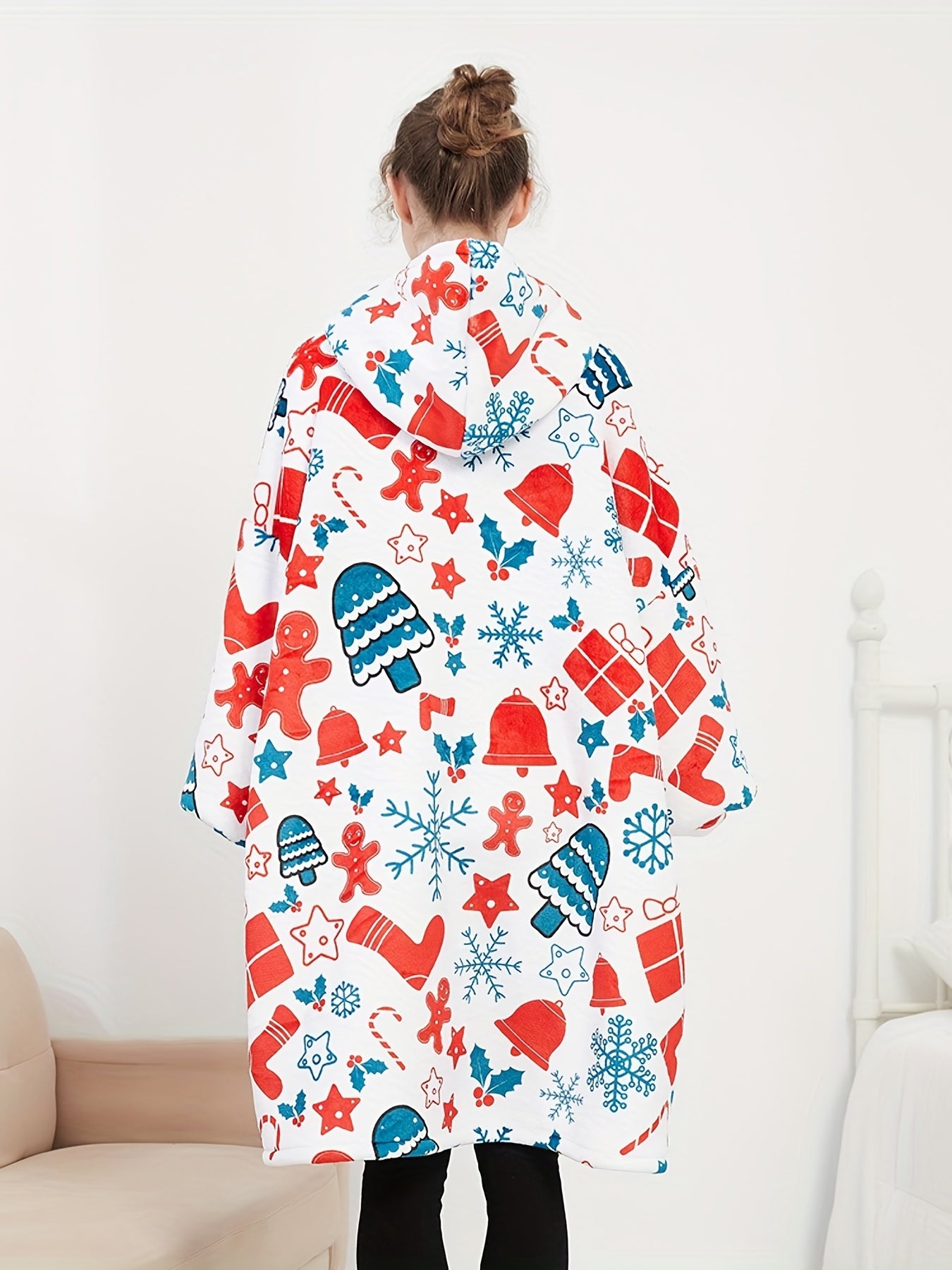  Fleece Snowflake & Bell Print Hooded Robe