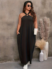  Halter Neck Maxi Dress With Cut Out Back & Pockets