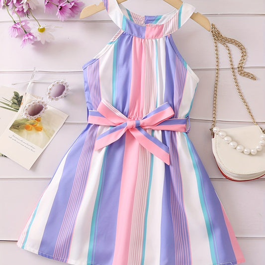Toddler Girls Striped Sleeveless Belted Princess Dress for Party Beach Vacation
