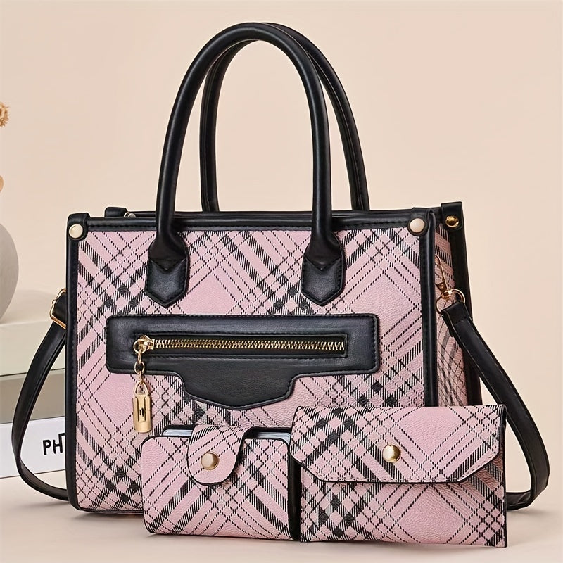 3pcs Classic Plaid Handbag Set Large Capacity Shoulder Bag