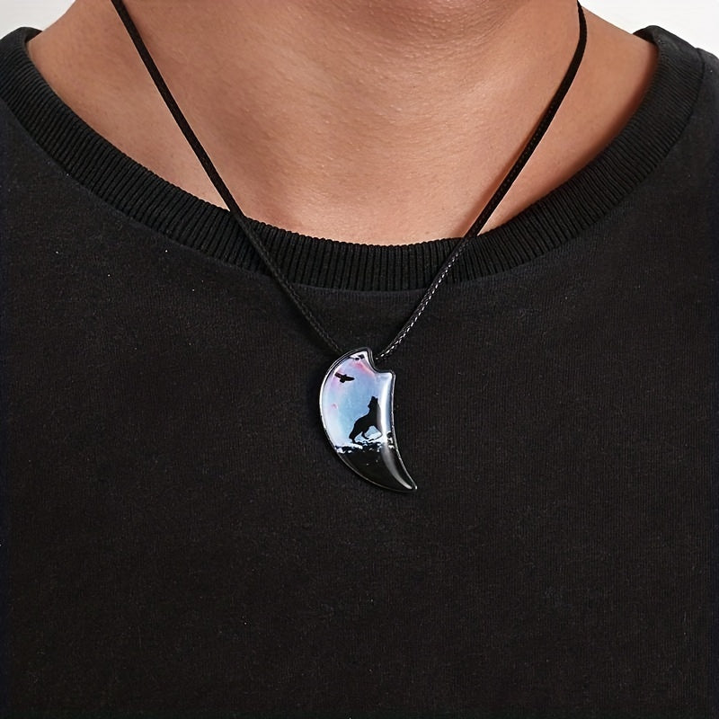 Wolf Resin Landscape Wood Pendant Animal Necklace for Men
