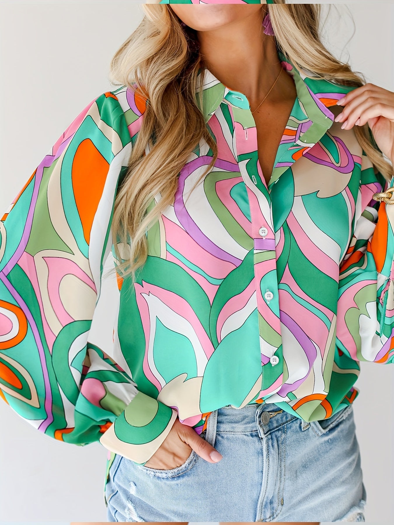  Colorblock Print Button Up Lantern Sleeve Blouse