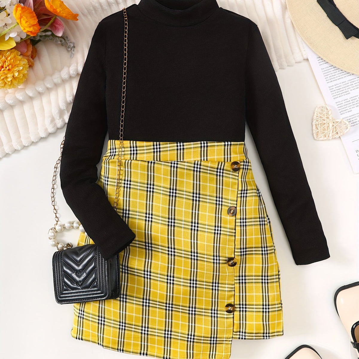 Girl's Stylish Outfit 2pcs Ribbed Mock Neck Top & Plaid Pattern Skirt Set