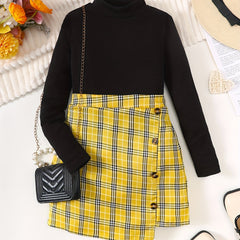 Girl's Stylish Outfit 2pcs Ribbed Mock Neck Top & Plaid Pattern Skirt Set