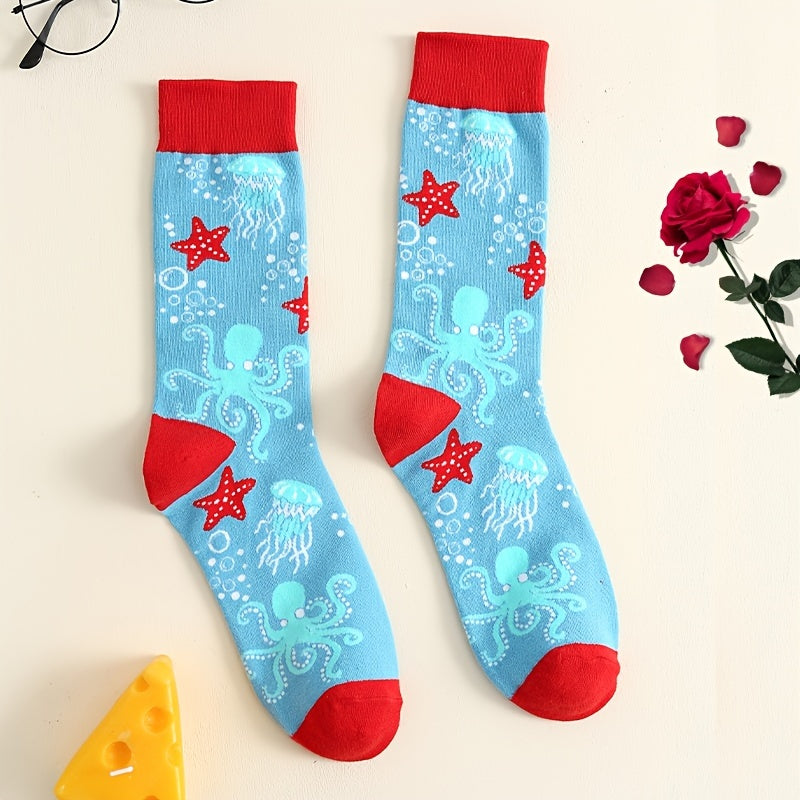 Men's Octopus Cartoon Pattern Crew Socks, Breathable Comfy Casual Unisex Socks