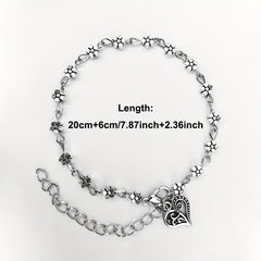 Heart Shape Pendant Beaded Anklet with Flower Beads Boho Style