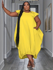  Solid Round Neck Ruffle Sleeve Dress