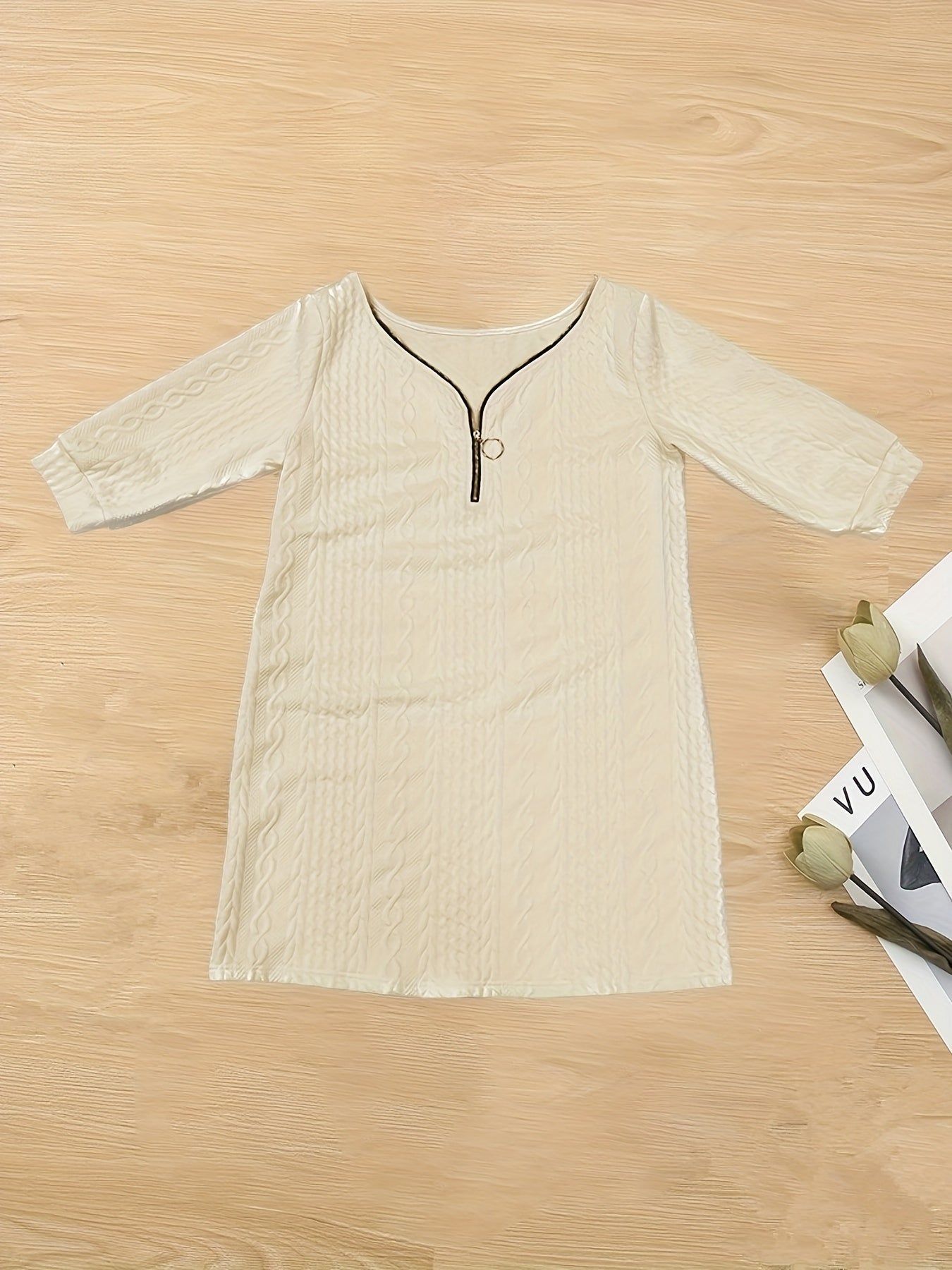 Boho Cable Long Sleeve Half Zip V Neck Plus Size Dress