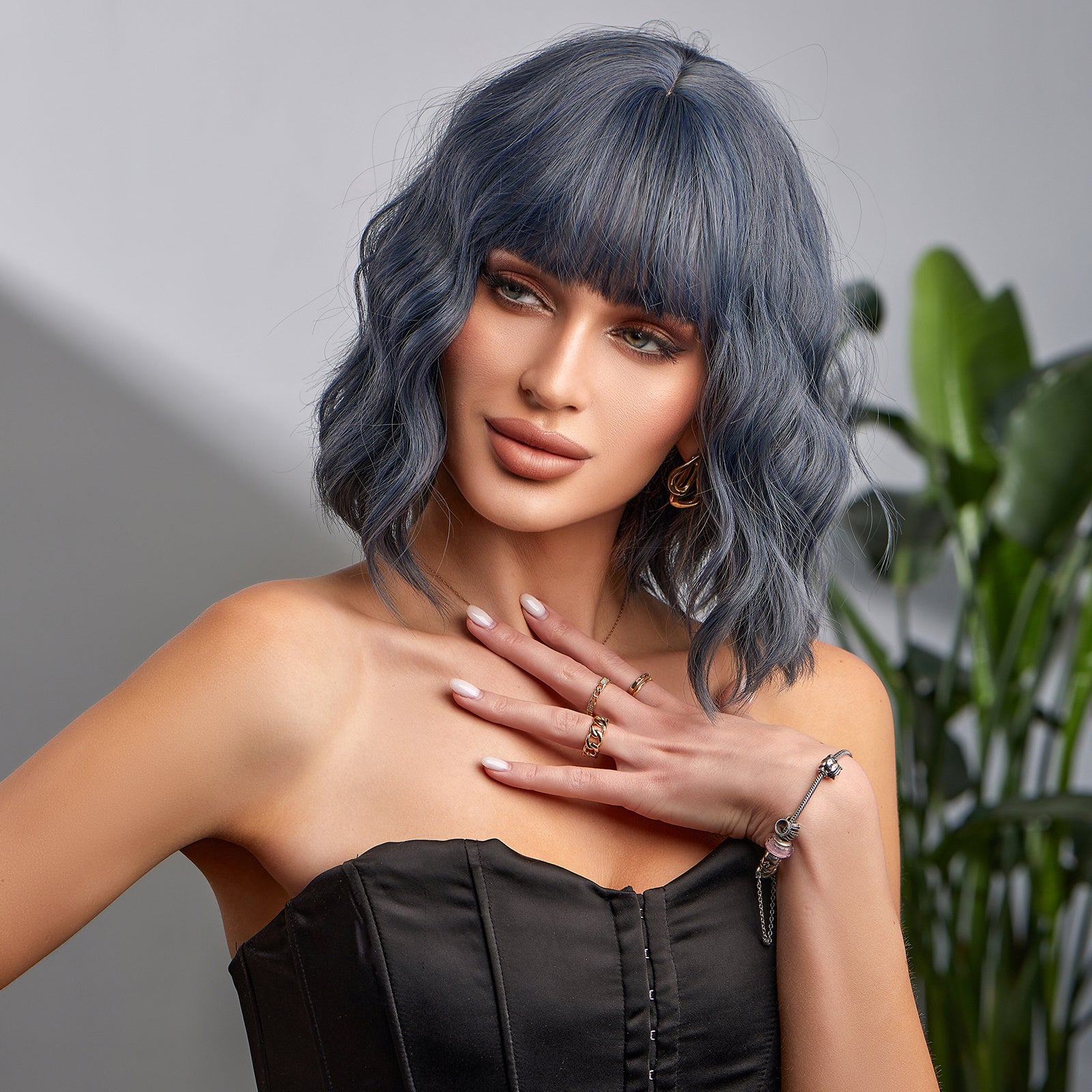 Short Bob Wavy Curly Wig With Bangs Heat Resistant Hair Wigs