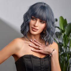 Short Bob Wavy Curly Wig With Bangs Heat Resistant Hair Wigs