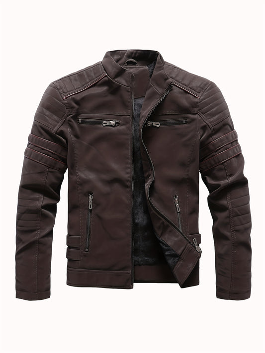 Men's Fleece Biker Jacket PU Leather Zip Up Stand Collar