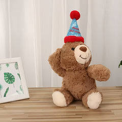 Plush Teddy Bear with Red Ears & Birthday Hat Brown & Tan Stuffed Animal Toy