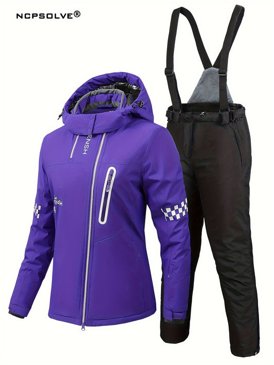 Windproof Checkerboard Ski Set Long Sleeves Jacket & Trouser Suit
