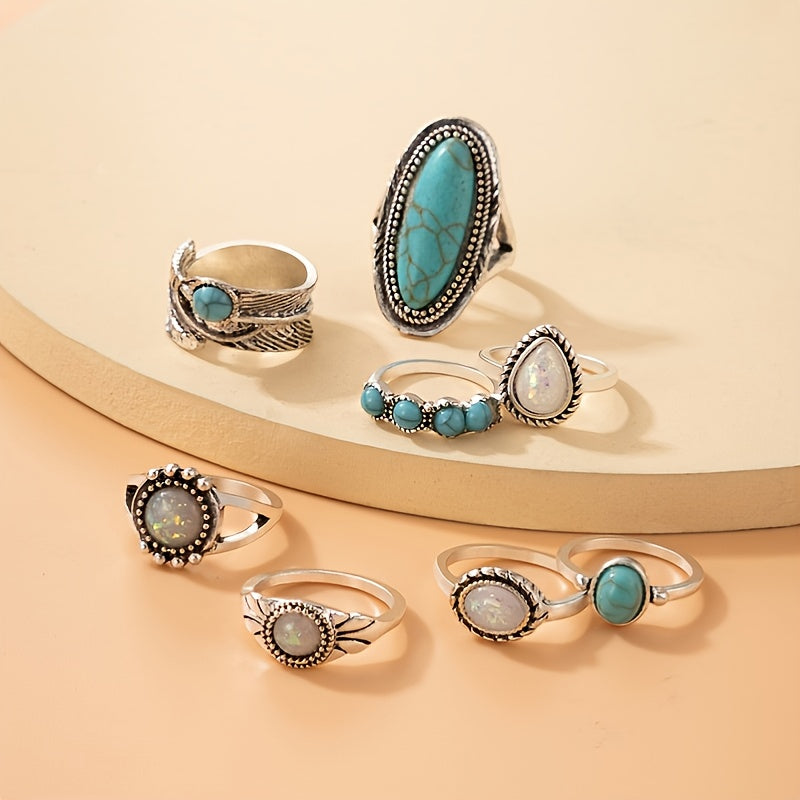 Vintage Turquoise Feather Ring Set 8pcs