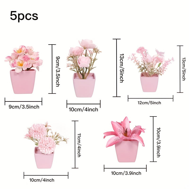 5pcs Artificial Flower Green Plant with Pink Flower Small Potted Plant