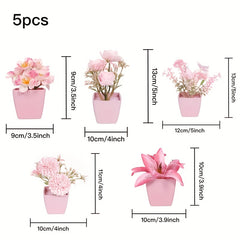 5pcs Artificial Flower Green Plant with Pink Flower Small Potted Plant