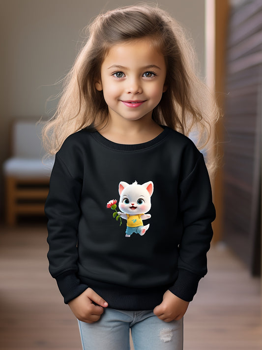 Cute Cat Print Girls Pullover Sweatshirt for Fall Winter