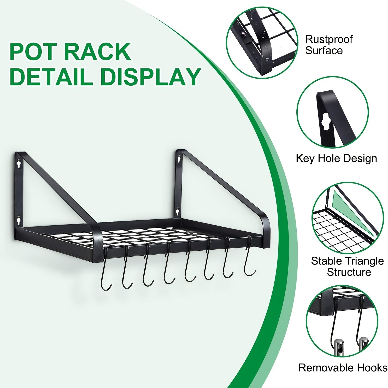 Hanging Pot Rack Wall Mounted Organizer with 8 Hooks