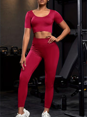 2pcs Women's Activewear Set Crew Neck Shirt & High Waist Leggings for Workouts